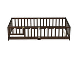 Twin Size Floor Bed with Fence and Door,Rubber Wood Floor Bed with Safety Guardrails,Espresso W504P429279