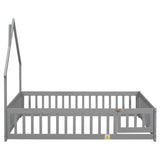 Full House-Shaped Headboard Floor Bed with Fence ,Grey W504119480