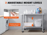 24x36x38 Inch Stainless Steel Prep Table, Equipped with 4 Casters and 3 Height Settings, Durable for 28004674