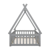 Twin Tent-shaped Floor Bed, with Guardrails, Slats, Door ,Grey W504119500