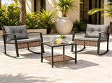 3-Piece Outdoor PE Rattan Rocking Chair Conversation Set with 2-Tier Glass Coffee Table, Heavy Duty 79877072