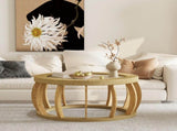 35.43"Vintage Rattan Solid Wood Round Coffee Table, Curved Legs Boho Accent Table for Dining Room, W757P383547