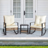 1pcs side table 2pcs rocking chairs, backrest sparsely woven, light yellow rattan, white cushion, 45516320