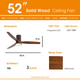 52 Inch Flush Mount Ceiling Fan with LED Light and Remote Control Solid Wood Blades W882P244710