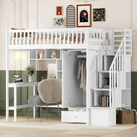 ZUN Twin size Loft Bed with Bookshelf,Drawers,Desk,and Wardrobe-White 57270378