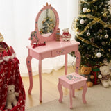 ZUN Kids Vanity Table and Chair Set, Girls Vanity with Mirror & Stool, Cute Unicorn Design, Pretend Play 34860797