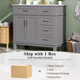 36" Gray Modern Bathroom Vanity with Ceramic Sink, Soft Close Doors, 4 Drawers for Storage, Elegant N729P253935E