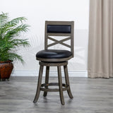 ZUN 30" Bar Height X-Back Swivel Stool, Weathered Gray Finish, Black Leather Seat B04660725