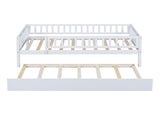 Twin Size Wood Daybed with Trundle and Fence Guardrails, White WF301862AAK