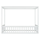Twin Size Canopy Frame Floor Bed with Fence, Guardrails,White W504P143278