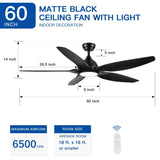 60 In Intergrated LED Ceiling Fan Lighting with Black ABS Blade W136755953