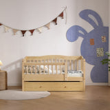 Vertical Fence Wood Painted Pine Toddler Bed with Bottom Drawer and Side Car Bed 01077775