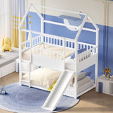 House Bunk Bed with Convertible Slide and Ladder, Floor Bunk Bed Twin Over Twin with Safety W1858P241095