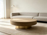 31.88 inch Round Travertine Coffee Table, Modern Drum Coffee Table with Champagne Gold Metal W5230P567203