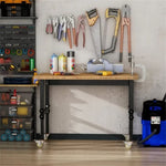 ZUN 47" Garage Work Bench with Wheels, Height Adjustable Legs, Bamboo Tabletop Workstation Tool Table 01358519