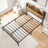 Full Size Bed Frame with Storage Headboard, Metal Platform Bed with Charging Station, Bookcase W840127763