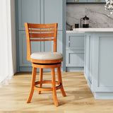24" Counter Height Slat Back Swivel Stool, Natural Finish, Beige Fabric Seat B04660692