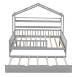 ZUN Wooden Full Size House Bed with Twin Size Trundle,Kids Bed with Shelf, Gray 12696827