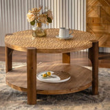 Round Coffee Table with Solid Wood for Living Room, 2-Tier Round Coffee Table with Storage Shelf, W3158P297420
