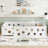 Full Size Floor Bed with Heightened Safety Guardrails and Door, Solid Wood Bedframe with Rails for W1820P240541