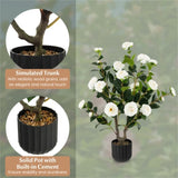2 PCS 38 Inch Artificial Camellia Tree Faux Flower Plant in Cement White 79691312