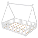 Full Tent-shaped Floor Bed, with Guardrails, Slats, Door ,White W504119507