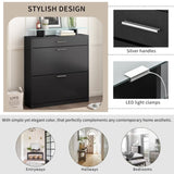 ON-TREND Slim Entryway Organizer with 2 Flip Drawers, Tempered Glass Top Shoe WF303589AAB