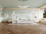 Twin Size Floor Wooden Bed with House Roof Frame, Fence Guardrails,White W1858P389938