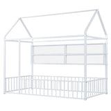 Twin Size Metal Bed House Bed Frame with Fence and Shelves, White N737P175360K
