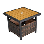 ZUN Outdoor Wicker Side Table with Umbrella Hole & Storage Space, Square PE Rattan End Table for Patio 23625637