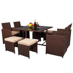 ZUN 9 Pieces Wood Grain PE Wicker Rattan Dining Ottoman with Tempered Glass Table Patio Furniture Set 19520971