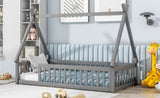 Twin Tent-shaped Floor Bed, Teepee Bed with Guardrails, Slats,Grey W504119495