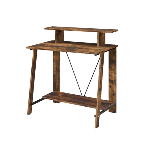 ZUN Weathered Oak and Black Writing Desk with Upper Shelf B062P184536