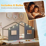 Twin-Size Kids House Gray Floor Bed- 82"x42"x51" Size, LED Light Strip for Cozy 32100376