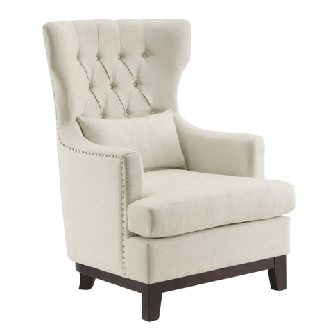 ZUN Button Tufted Wing-Back Accent Chair 1pc Beige Fabric Upholstered Pillow Solid Wood Traditional B011P182649
