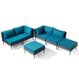 2 pcs armless sofa 2 pcs corner sofa 2 pcs footstool iron legs black rattan peacock green 72293141