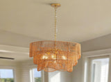 Handwoven Paper Rattan Boho Chandelier with 7-Light E26 Base, 60cm Adjustable Height Wave Pendant W1367P461037
