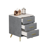 Upholstered Wooden Nightstand with 3 Drawers and Metal Legs&Handles, Bedside Table with Marbling N733P208520E