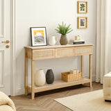 Boho Style Rattan Console Table with 3 Drawers and Open Storage Shelf, Entryway Table Narrow Long 15733776
