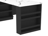Extendable island console with drawers, double-door cabinet, and open shelving. Serves as dining 68266575