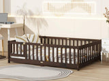 Full Size Floor Bed with Fence and Door,Rubber Wood Floor Bed with Safety Guardrails,Espresso W504P429302