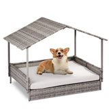 ZUN Wicker Dog House, Elevated Rattan Dog Bed with Canopy and Washable Cushion Cover, Indoor Outdoor 91931559