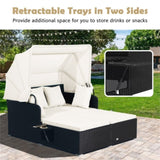 White Rattan Daybed Lounge W/ Retractable Top Canopy Side Tables Cushions 65135668