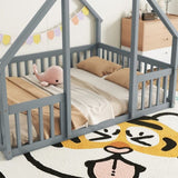 Full Wood House-Shaped Floor Bed with Fence, Guardrails,Grey W504P143293
