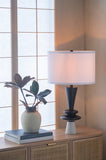 D15x26.7" Black Aluminum Table Lamp with Two Varying Disc Accents and White Shade W2078P326342