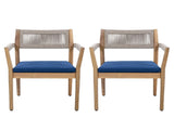 Braided Acacia Wood Outdoor Dining Chairs Set of 2 Teak Look with Beige Rope & Navy Cushions, N770P286668N