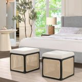 ZUN Nina 18" Cane Webbing Cube Ottoman, Ivory White Boucle B2719P245957