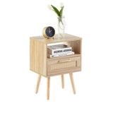 15.75" Rattan End table with drawer and solid wood legs, Modern nightstand, side table for living W126573110