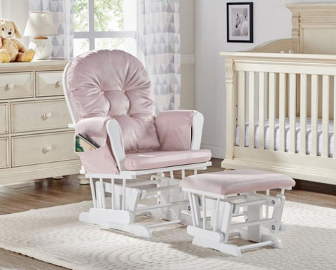 ZUN Mason Glider and Ottoman White Wood and Pink Fabric B02263776