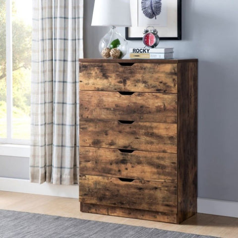 ZUN 5 Drawer Bedroom Chest Dresser, Distressed Wood Cabinet B107131019